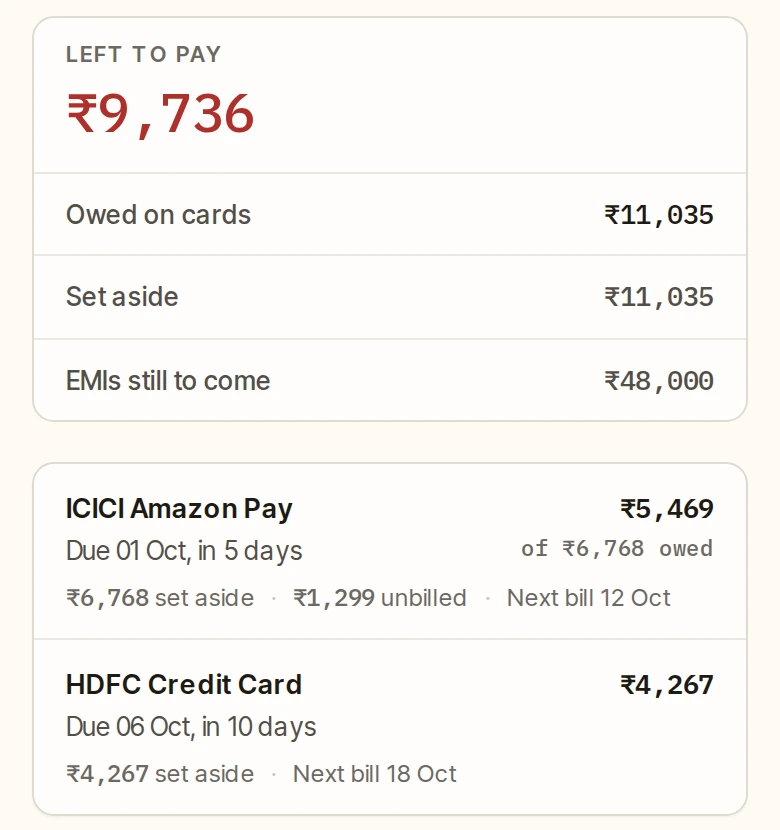 The Cards page on a phone: left to pay across all cards, then each card's bill.