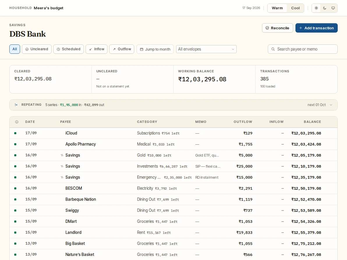 An account register with filters, a search box, a running balance column and a row being edited in place.